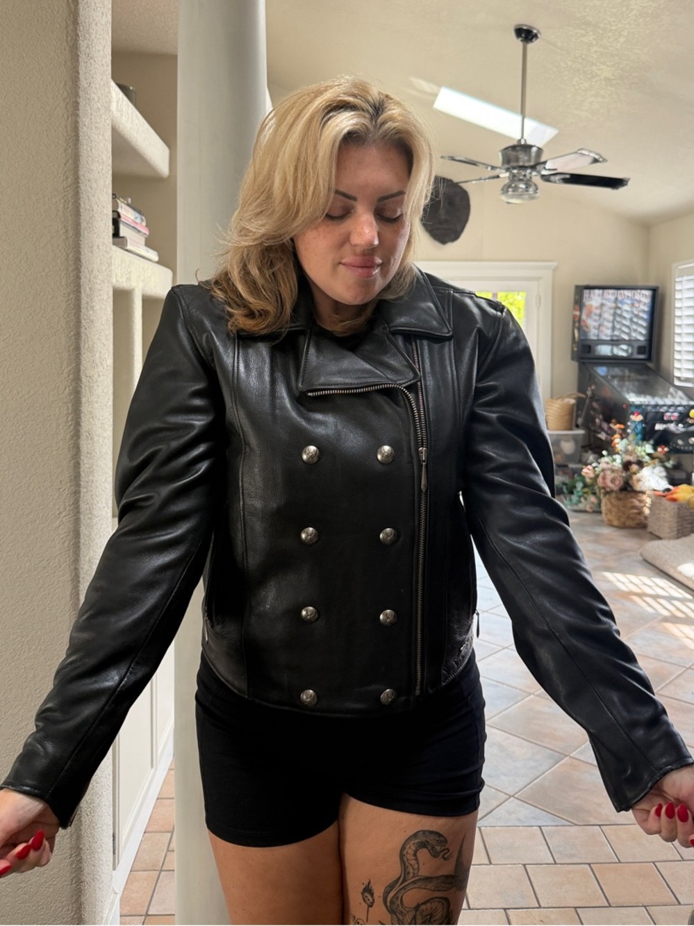 Black Double-Breasted Leather Jacket - Women's